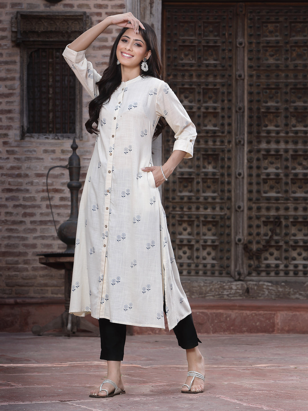 Off - White Rayon Printed A-Line Kurta