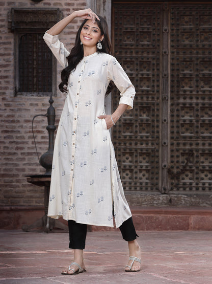 Off - White Rayon Printed A-Line Kurta