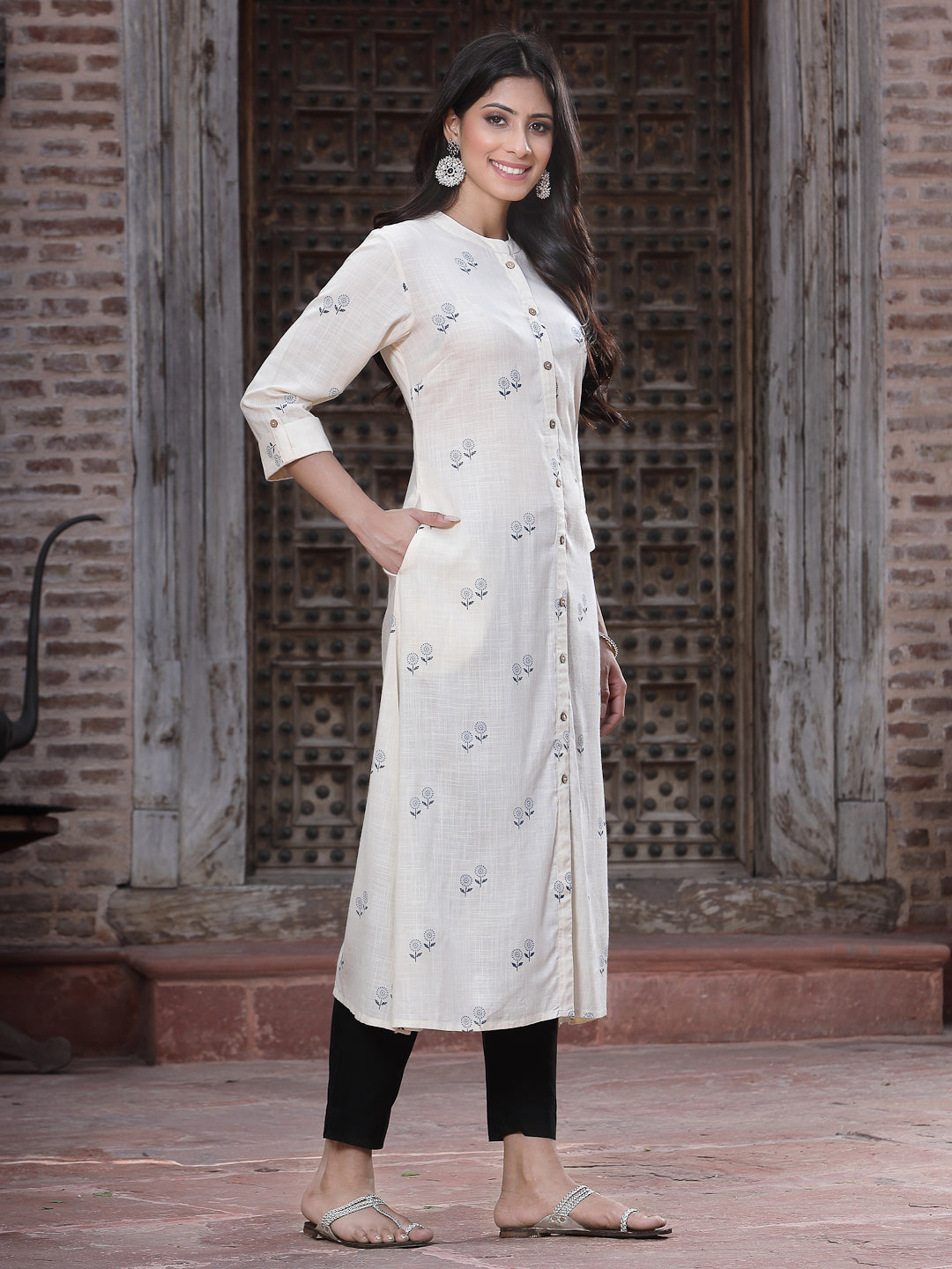 Off - White Rayon Printed A-Line Kurta
