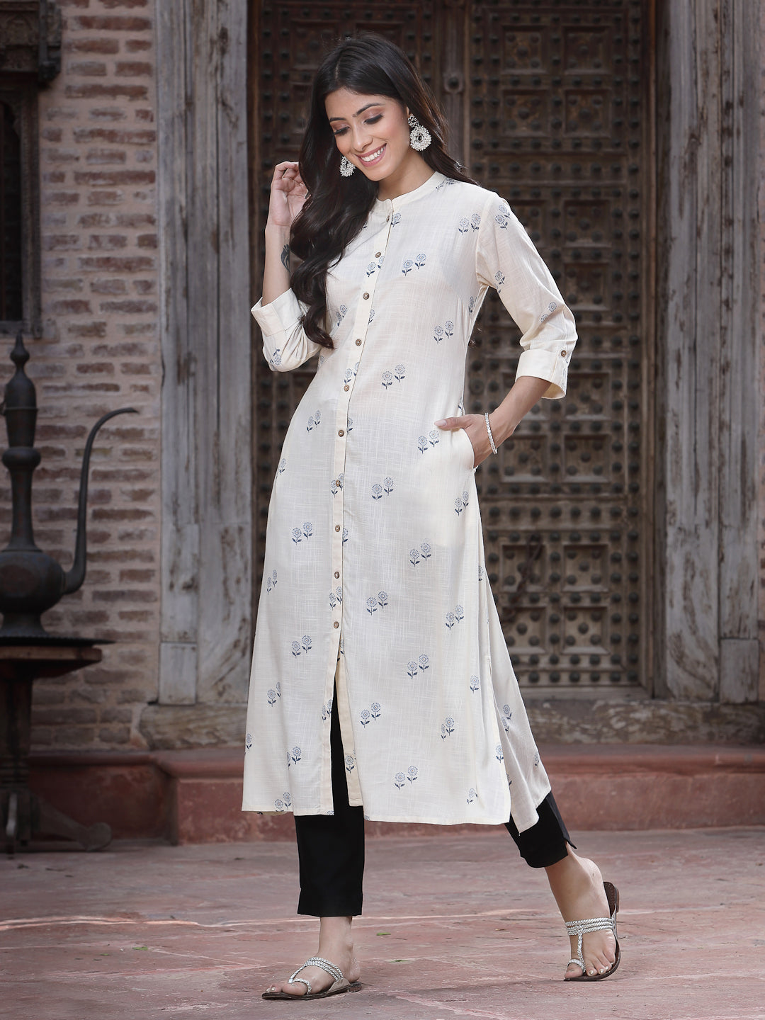 Off - White Rayon Printed A-Line Kurta