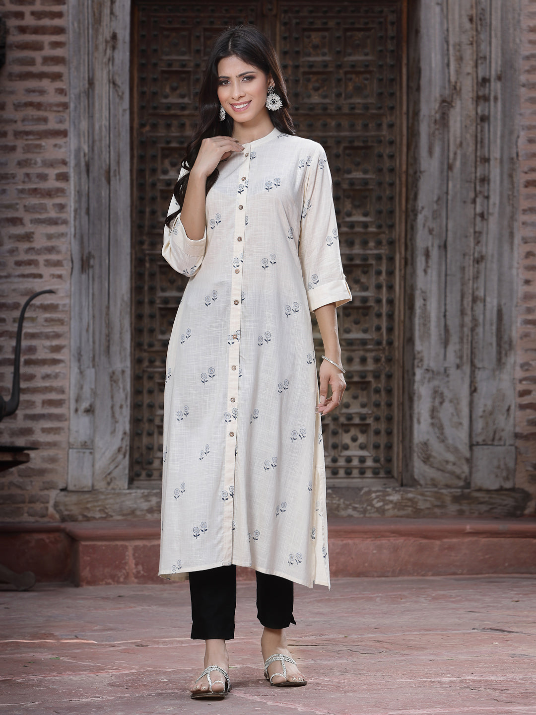Off - White Rayon Printed A-Line Kurta