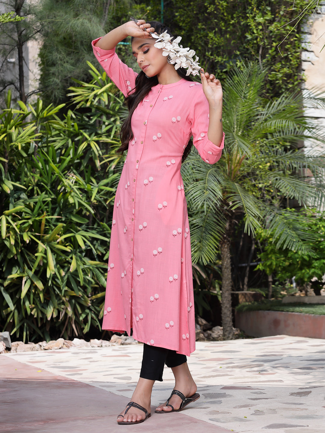 Pink Rayon Printed A-Line Kurta