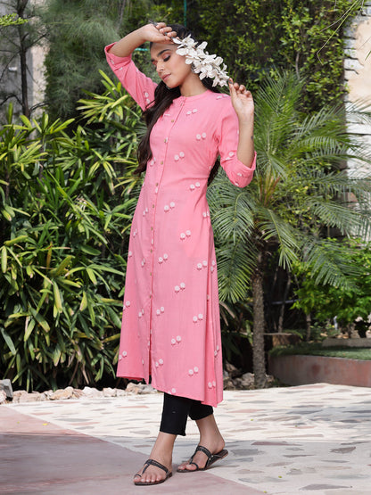 Pink Rayon Printed A-Line Kurta