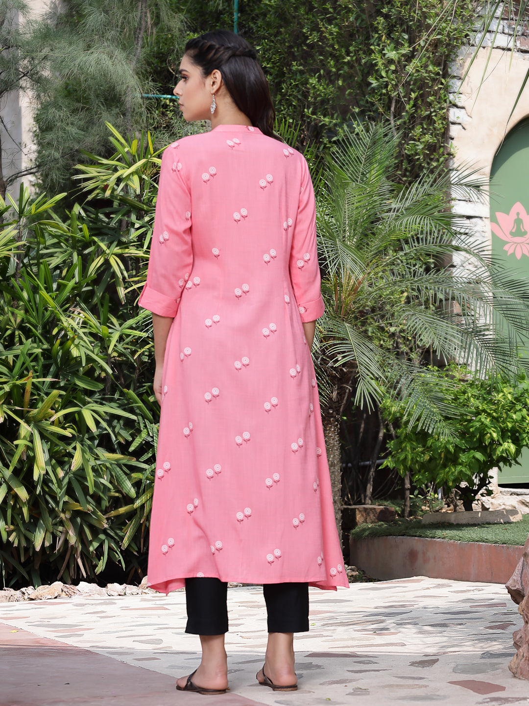 Pink Rayon Printed A-Line Kurta