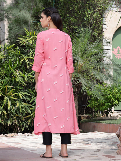 Pink Rayon Printed A-Line Kurta