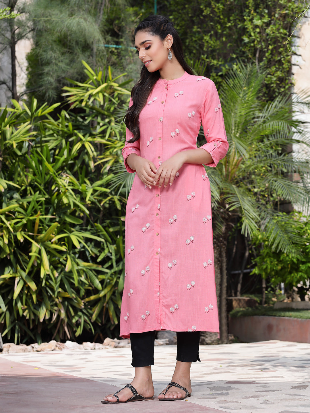 Pink Rayon Printed A-Line Kurta