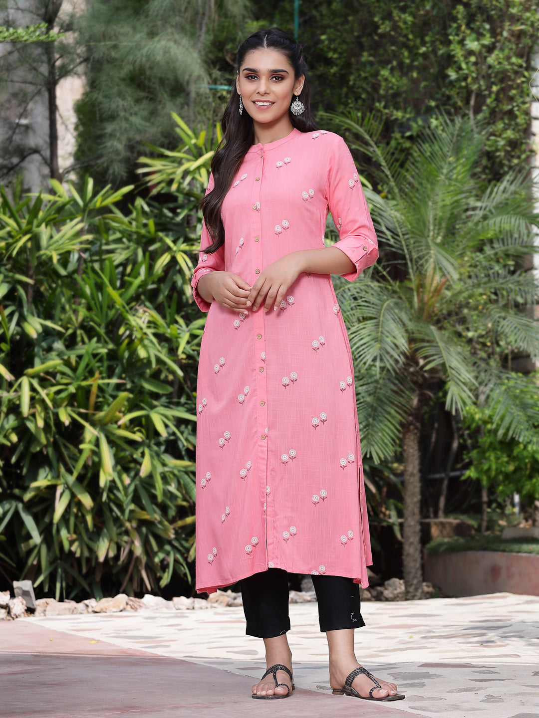 Pink Rayon Printed A-Line Kurta