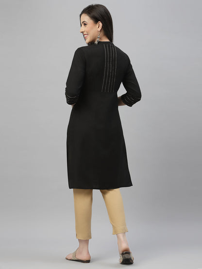 Black Rayon Festive Solid Straight Kurta