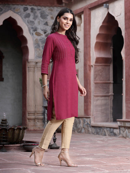 Wine Rayon Solid Straight Kurta