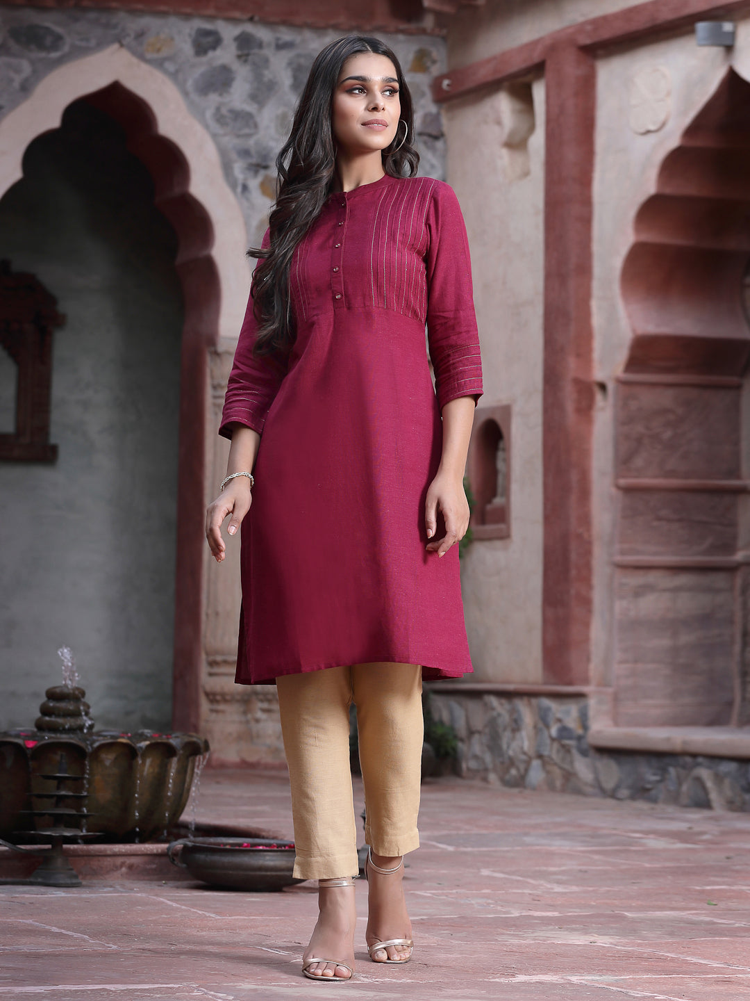Wine Rayon Solid Straight Kurta