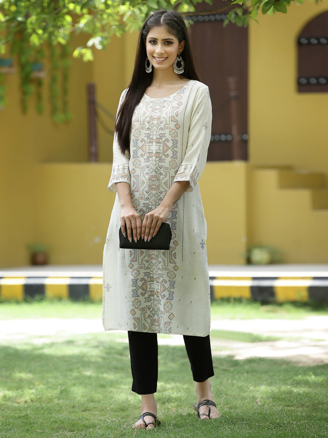 Off - White Rayon Festive Placement Print Straight Kurta