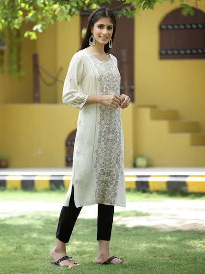 Off - White Rayon Festive Placement Print Straight Kurta