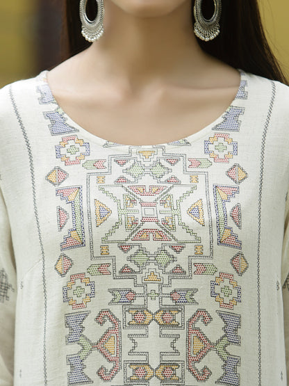 Off - White Rayon Festive Placement Print Straight Kurta