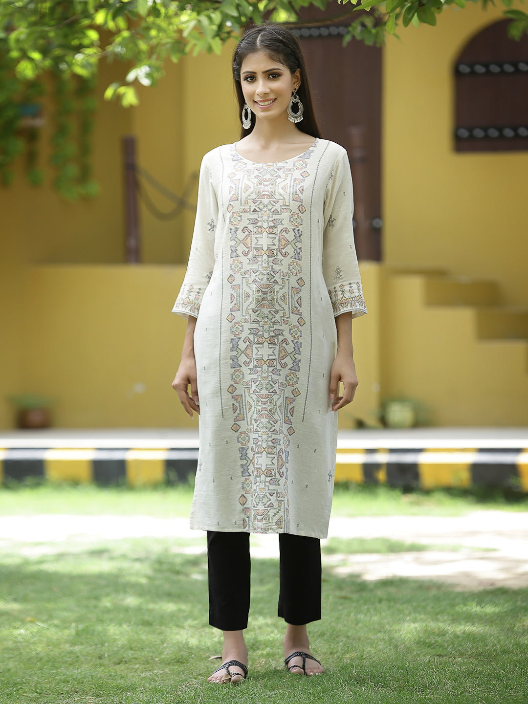 Off - White Rayon Festive Placement Print Straight Kurta