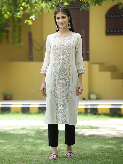 Off - White Rayon Festive Placement Print Straight Kurta