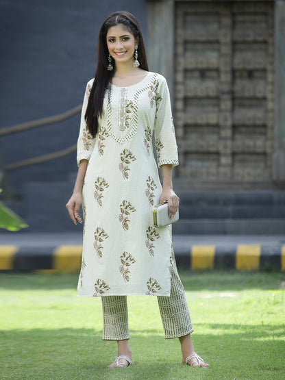 Off White Cotton Dobby Festive Printed Straight Kurta Sets