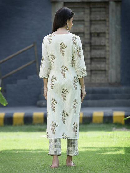 Off White Cotton Dobby Festive Printed Straight Kurta Sets