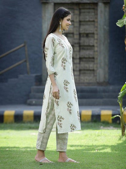 Off White Cotton Dobby Festive Printed Straight Kurta Sets