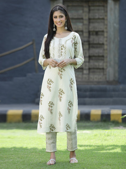 Off White Cotton Dobby Festive Printed Straight Kurta Sets