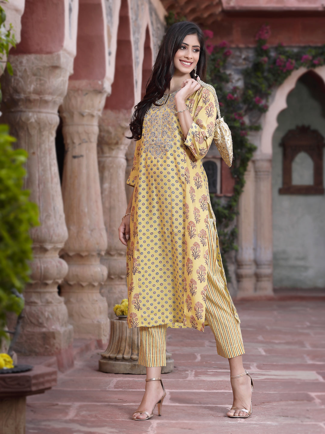 Mustard Muslin Embroidered Straight Kurta Sets