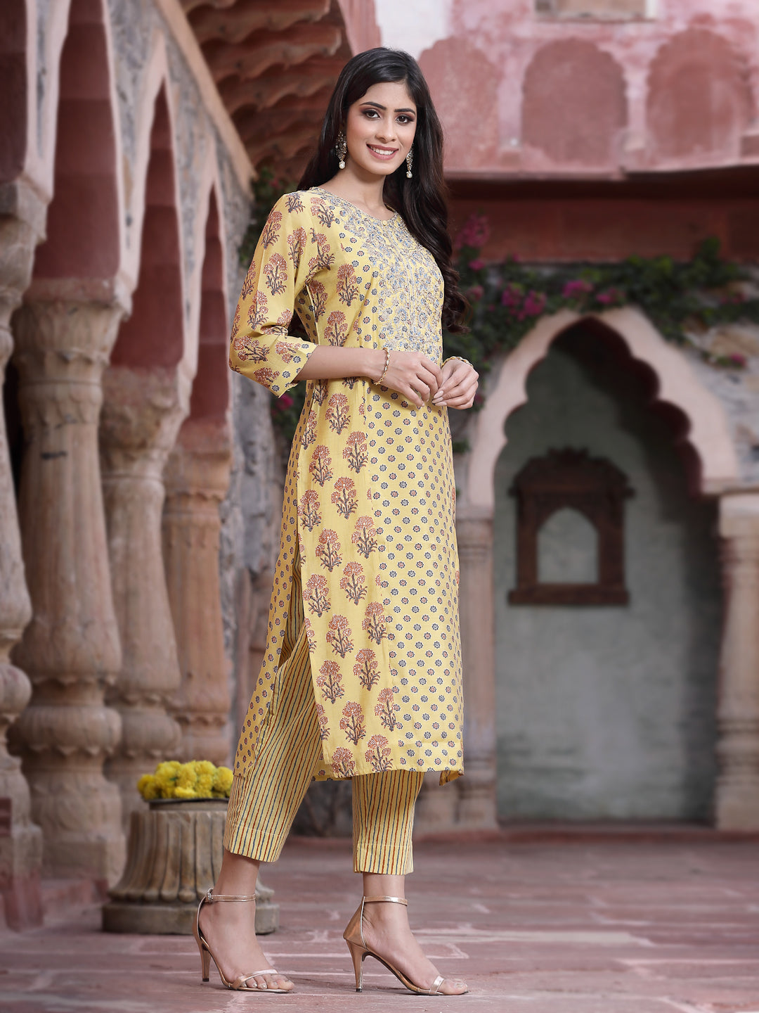 Mustard Muslin Embroidered Straight Kurta Sets