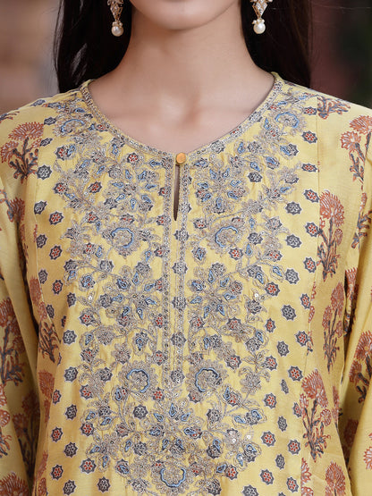 Mustard Muslin Embroidered Straight Kurta Sets