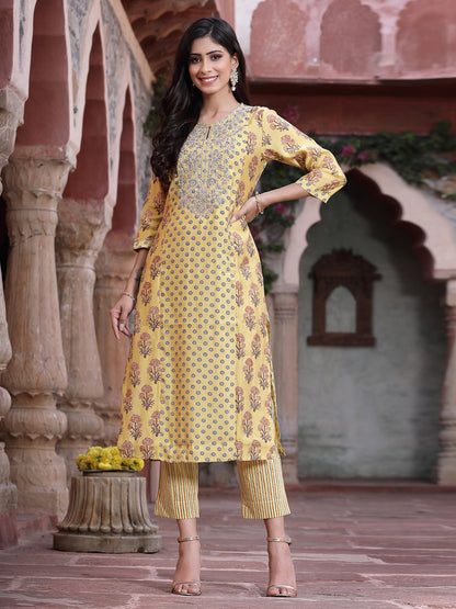 Mustard Muslin Embroidered Straight Kurta Sets