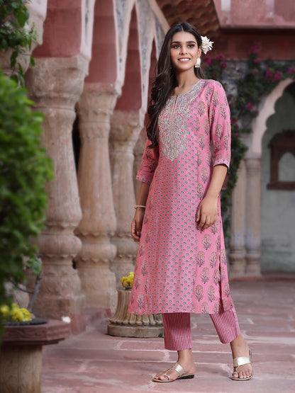 Pink Muslin Embroidered Straight Kurta Sets