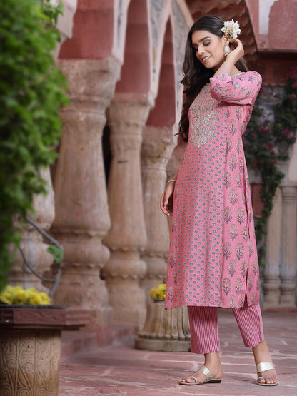 Pink Muslin Embroidered Straight Kurta Sets