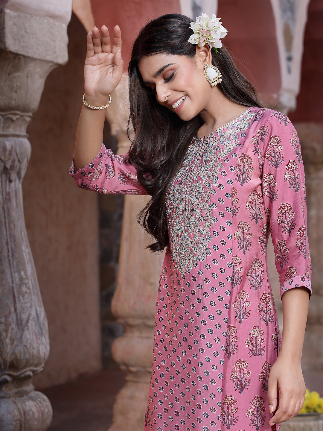 Pink Muslin Embroidered Straight Kurta Sets