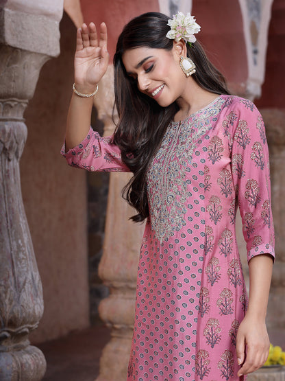 Pink Muslin Embroidered Straight Kurta Sets
