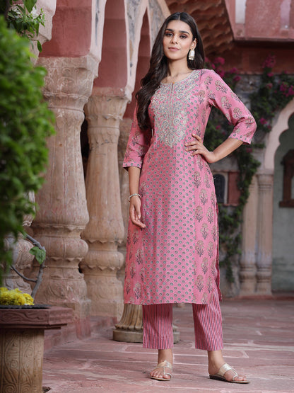 Pink Muslin Embroidered Straight Kurta Sets