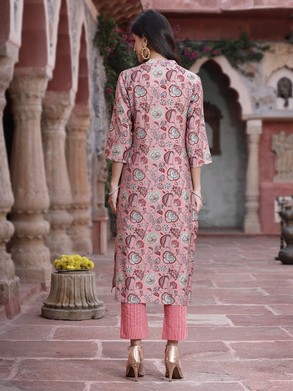 Onion Pink Muslin Gold Foil Printed Straight Kurta Sets