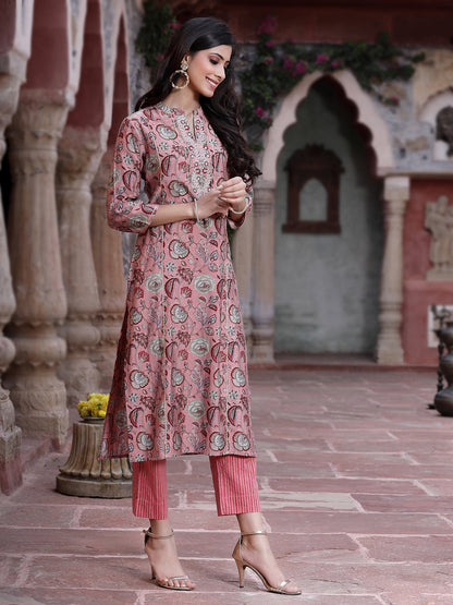 Onion Pink Muslin Gold Foil Printed Straight Kurta Sets