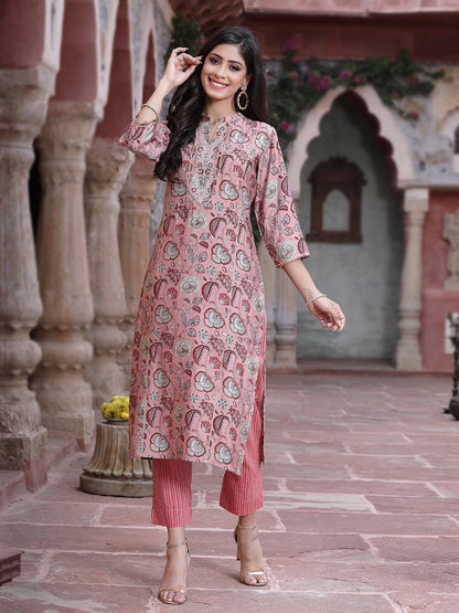 Onion Pink Muslin Gold Foil Printed Straight Kurta Sets