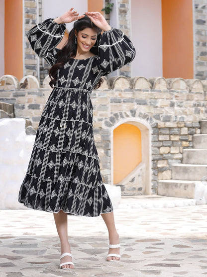 Black Rayon Printed Tiered Dress