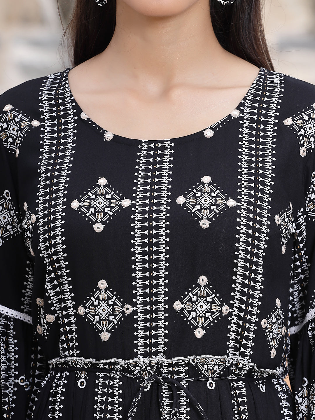 Black Rayon Printed Tiered Dress