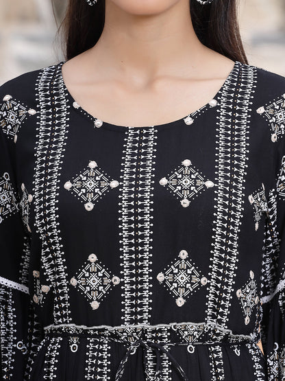 Black Rayon Printed Tiered Dress