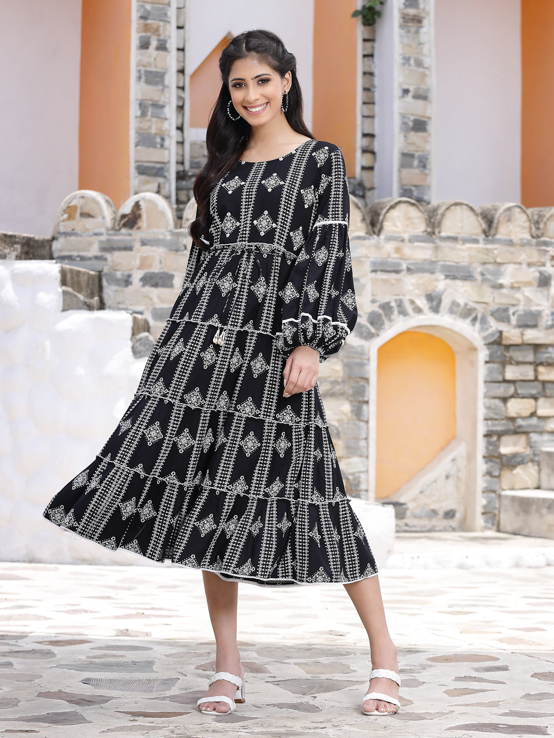 Black Rayon Printed Tiered Dress