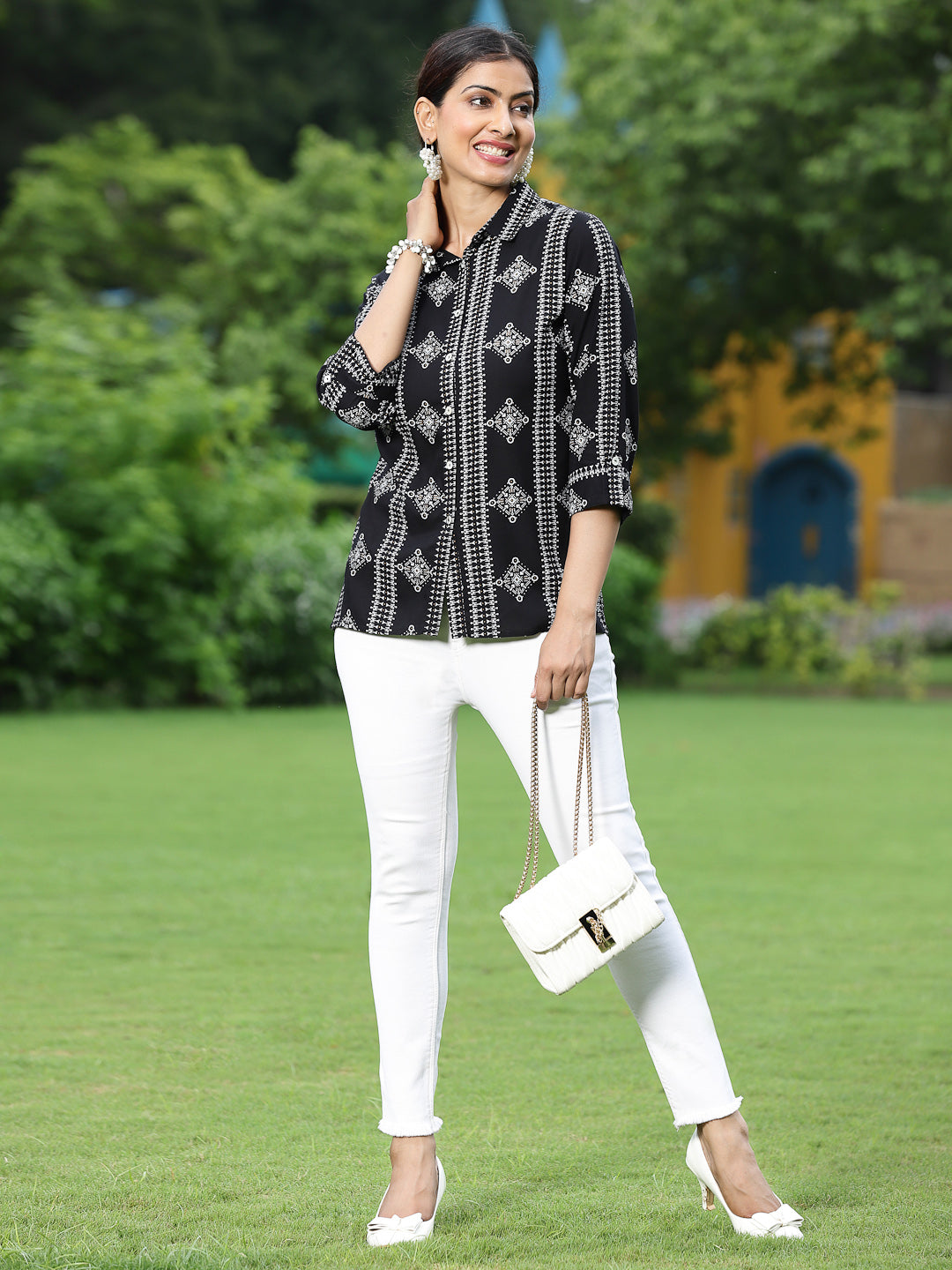 Black Rayon Festive Printed Asymmetric Tunic