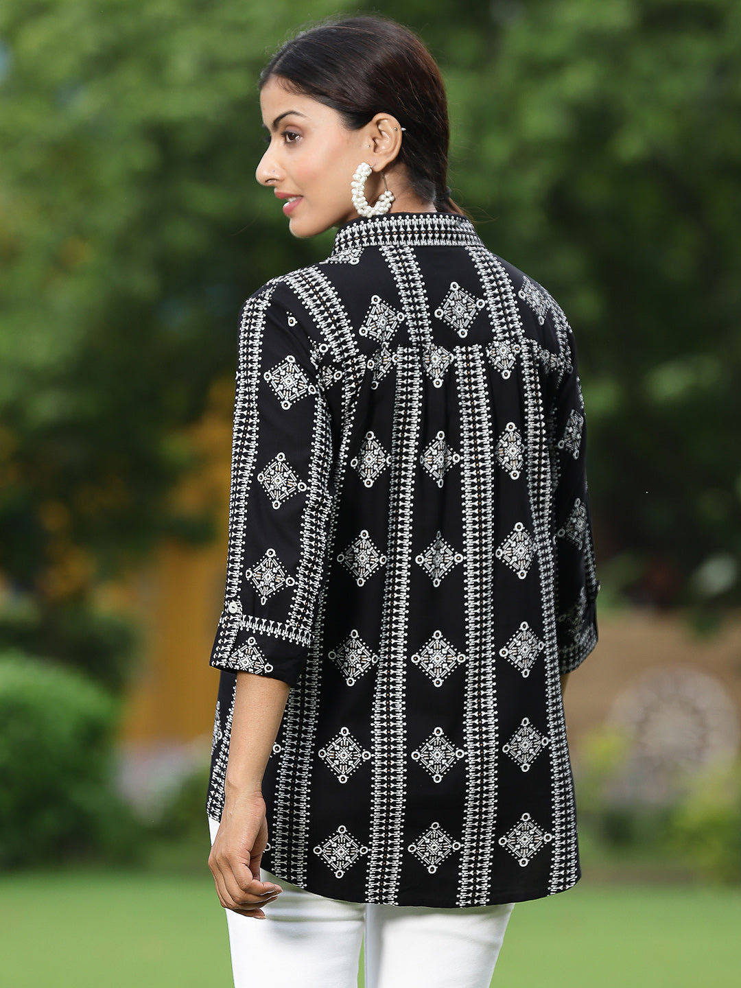 Black Rayon Festive Printed Asymmetric Tunic