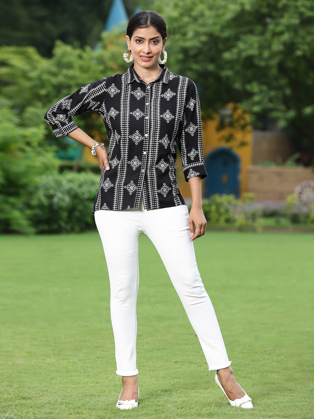 Black Rayon Festive Printed Asymmetric Tunic