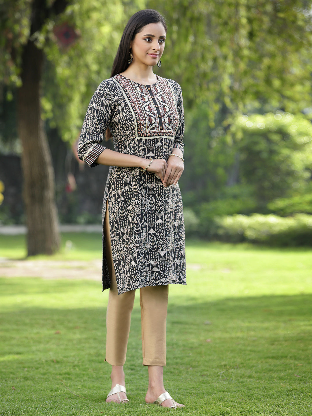 Black Rayon Festive Embroidered Printed Straight Tunic