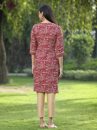 Maroon Rayon Festive Embroidered Printed Straight Tunic