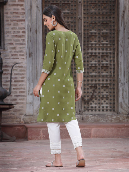 Green Rayon Placement Print Straight Kurta