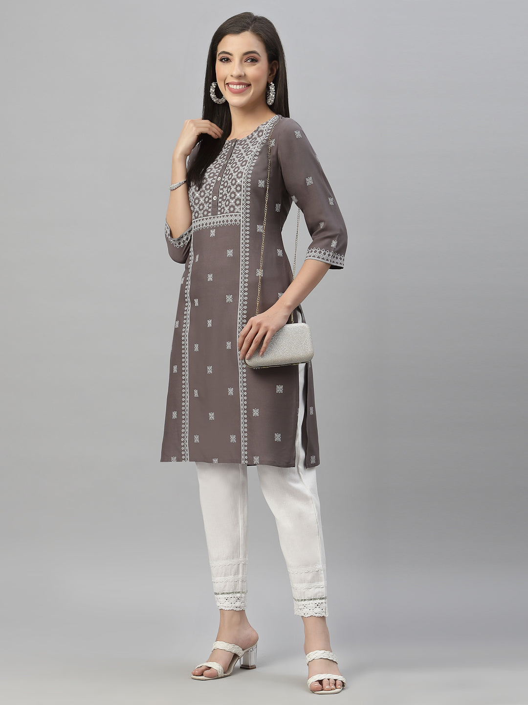 Grey Rayon Festive Placement Print Straight Kurta