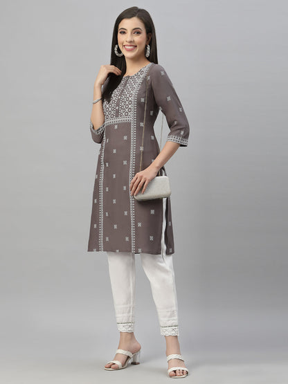 Grey Rayon Festive Placement Print Straight Kurta