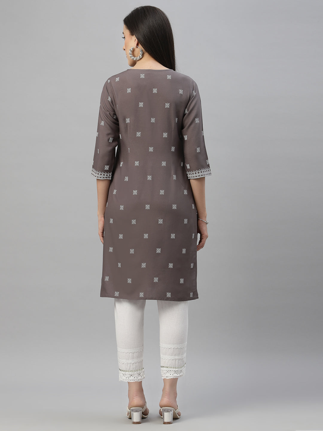 Grey Rayon Festive Placement Print Straight Kurta