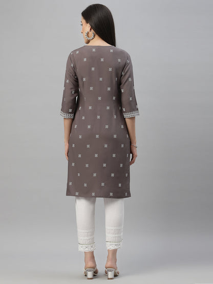 Grey Rayon Festive Placement Print Straight Kurta