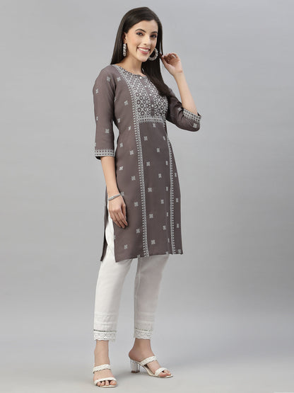 Grey Rayon Festive Placement Print Straight Kurta